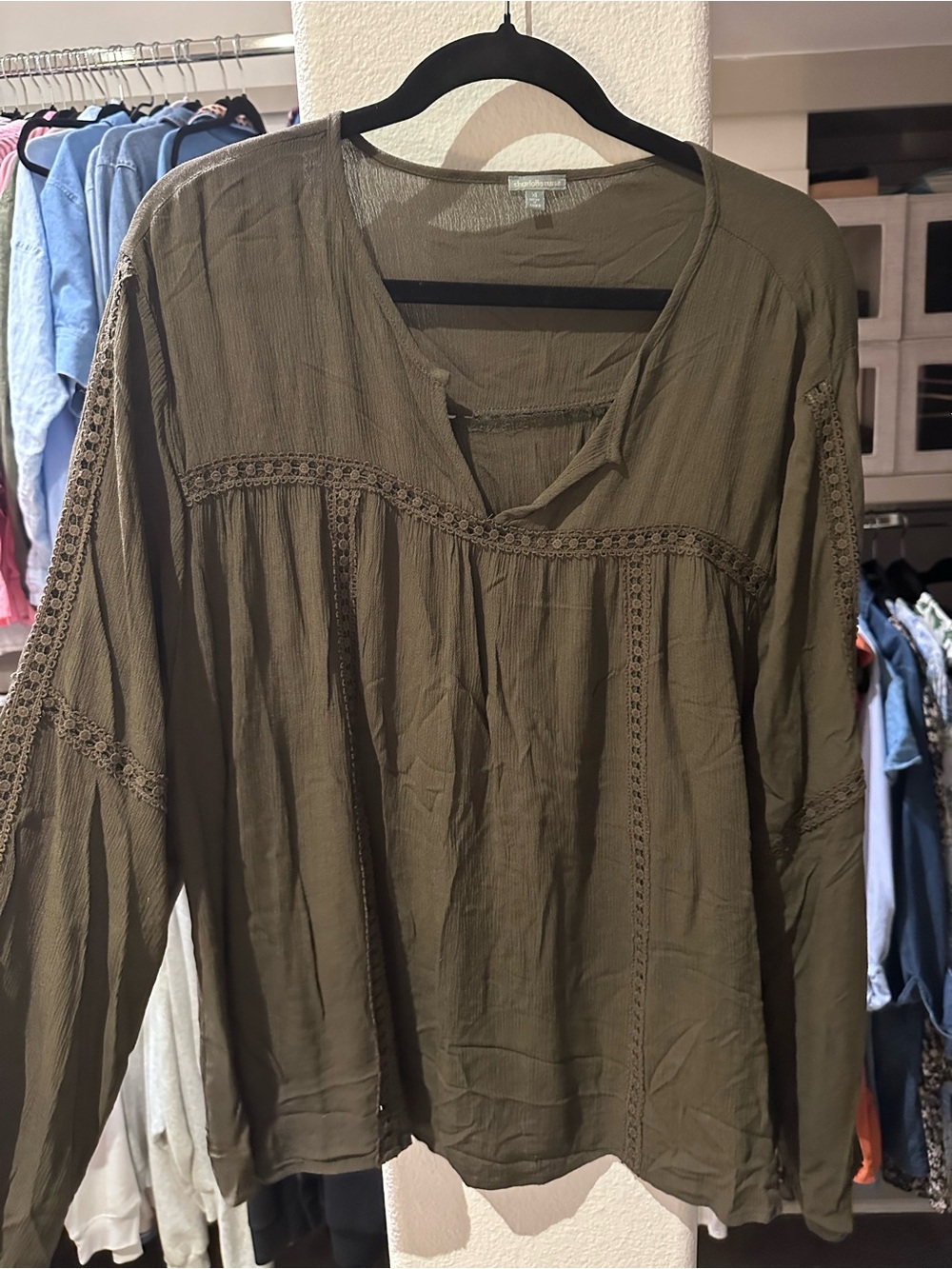 Olive Green Long-Sleeve Peasant Blouse